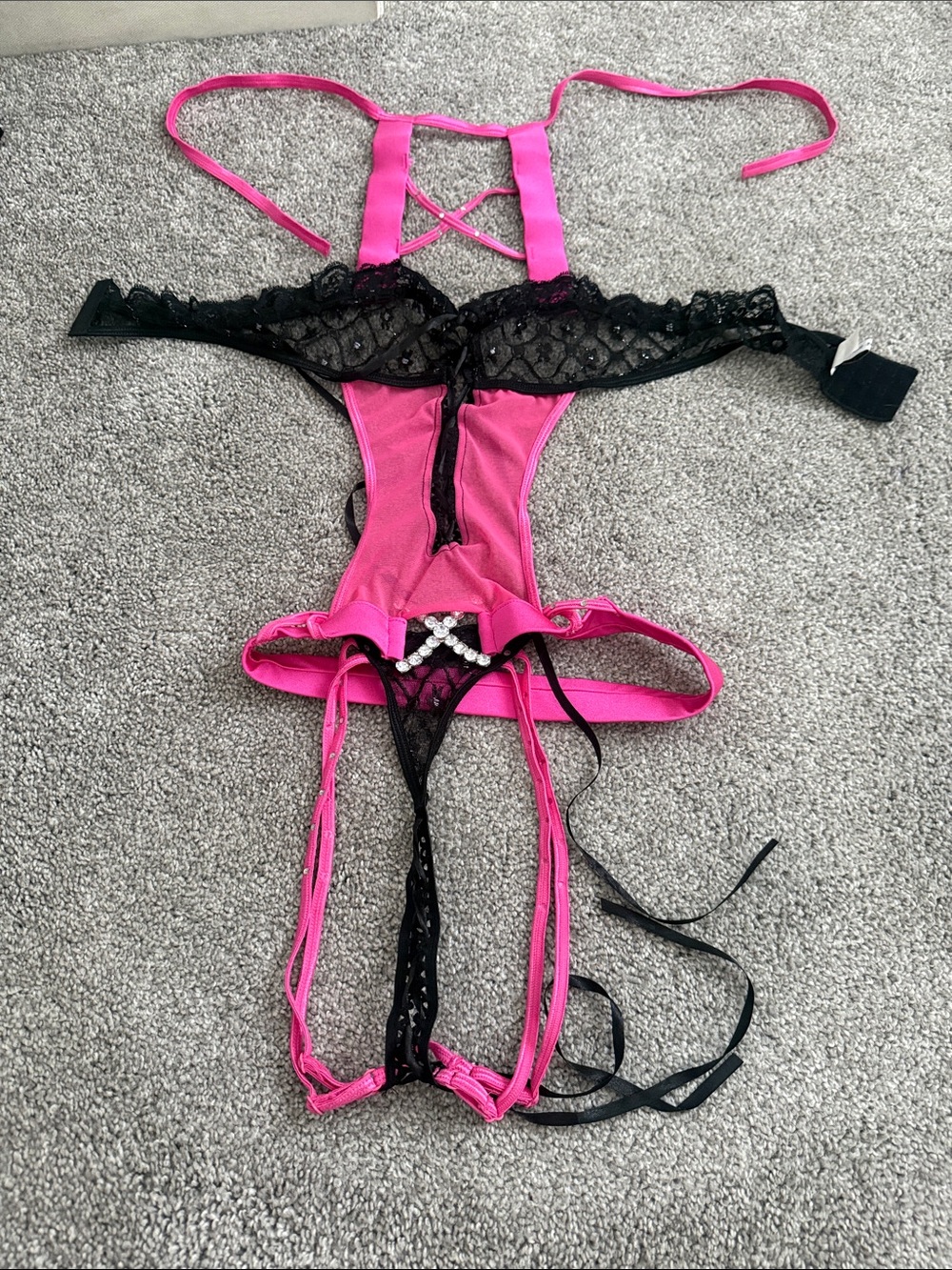 Hot Pink & Black Lace Strappy Chemise Bodysuit